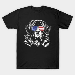 Proud Newfoundland American Flag sunglasses dog T-Shirt